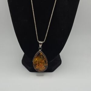 Sterling Silver Amber Teardrop Pendant Necklace